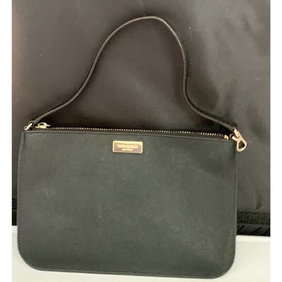 Kate Spade Lolly Newbury Pouch Wallet Wristlet Black Leather Strap Thin Logo - Picture 1 of 14